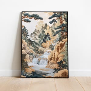 Japanese Ukiyo-e Landscape Print - Vintage Stream and Trees Wall Art - Japandi Waterfall Home Decor