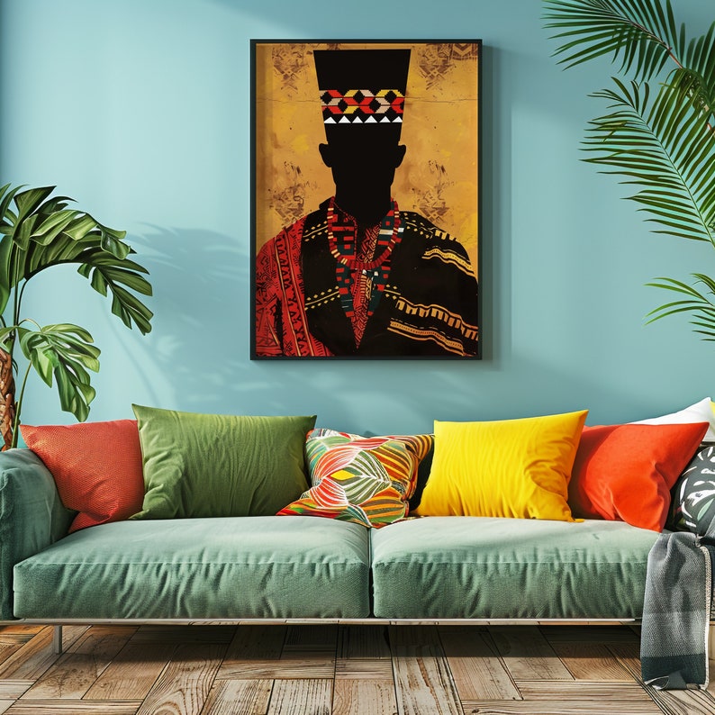 Transform your space with the vibrancy of Africa! This bold print features a striking man silhouette and geometric patterns.