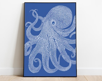 Stipple Art Octopus Print | Maximalist Blue & White Sea Life Decor