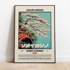 Sakura Bridge Somei Yoshino Poster – Vintage Japanese Cherry Blossom Art Print, Retro Ukiyo-e Style Wall Decor, A-Format Matte Print