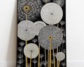 Black and Gold Dandelion Art Print: Modern Floral Wall Decor