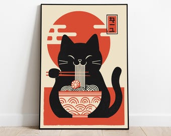 Japanese Ramen Cat Art Print | Kawaii Black Cat Poster