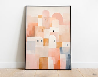 Hilltop Serenity: Abstract Minimalist Print of a Town | Minimalist Landscape Art | Soft Pink Colors | Art print With Wooden Frame