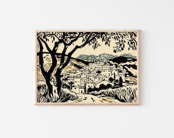 Retro Abruzzo Town Print | Rustic Italian Landscape Wall Art | Italy Digital Art