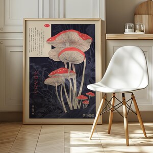 Dark forest scene with glowing red-capped mushrooms poster