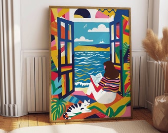 Woman Reading Book Art Print - Colorful Maximalist Wall Decor with Cat and Sea View, Perfect Gift for Book Lovers - Printable Cat Art