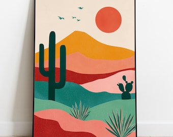 Southwest Decor: Retro Cactus Print | Mid Century Modern Desert Landscape | Abstract Vibrant Wall Art