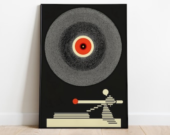 May include: A framed art print featuring a stylized illustration of a vinyl record on a turntable. The record is black with a red and yellow center. The turntable is depicted with geometric shapes and lines against a black background.