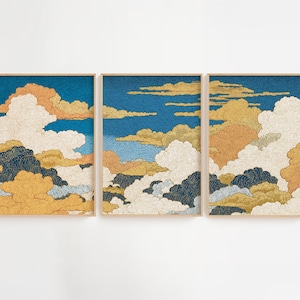 Trittico di nuvole giapponesi da parete - Set di stampe di cielo blu e oro, decorazioni murali di ispirazione asiatica tradizionale, stampe per interni di case serene