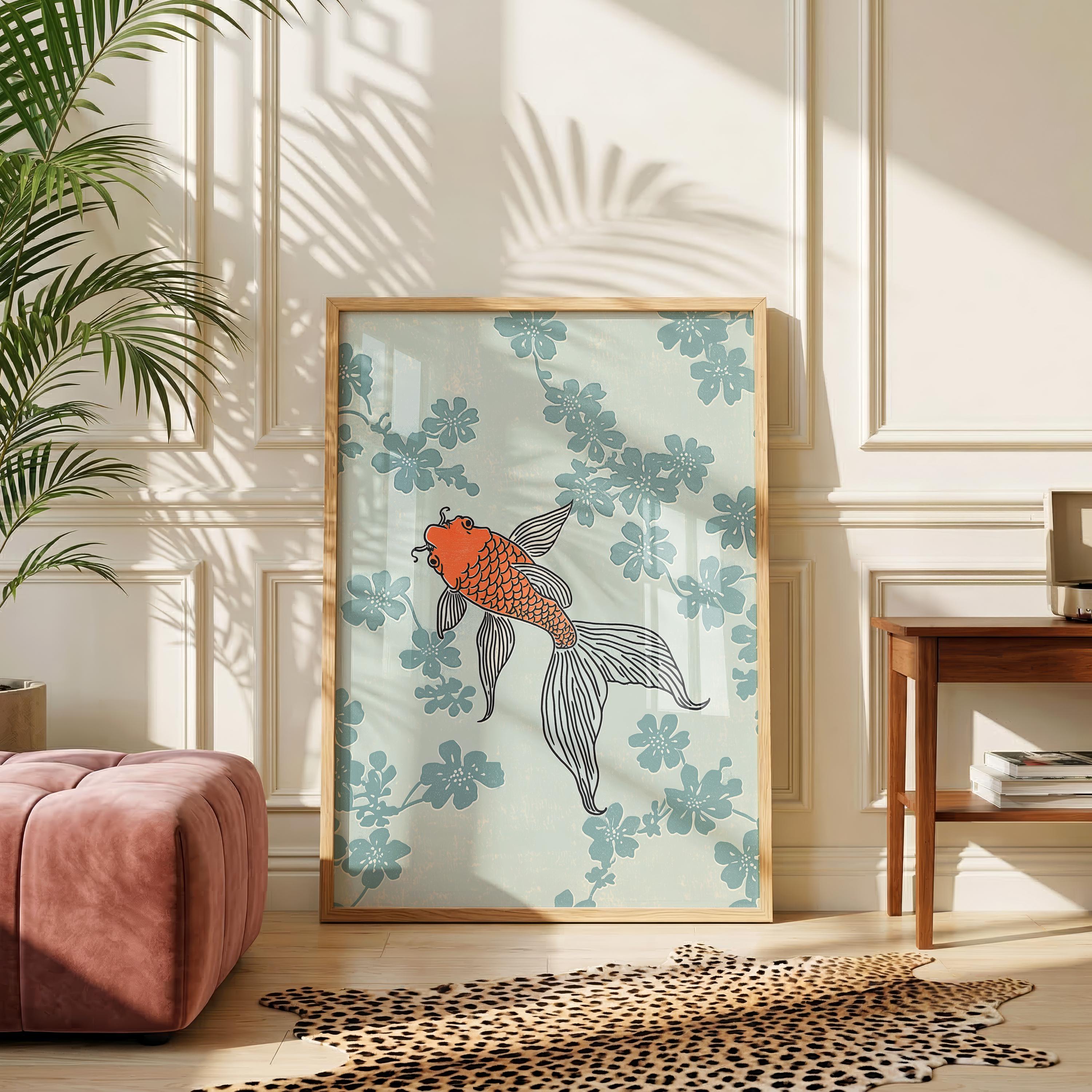 Minimalist Japanese Koi Fish Wall Art | Zen Floral Print in Pastel Blue ...