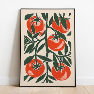Stampa di pomodoro rampicante - Arte murale in stile linoleum di ispirazione vintage, illustrazione botanica di pomodoro rosso, decorazione da cucina, regalo per giardino biologico