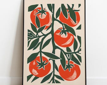 Impressão de videira de tomate - Arte botânica em linóleo vintage, decoração de cozinha