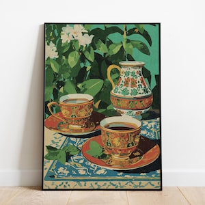 Stampa artistica di natura morta con tè marocchino / Decorazione da cucina orientale vibrante / Arte murale boho colorata / Stampa di natura morta esotica