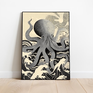 May include: Black and white art print featuring an octopus with swirling tentacles amidst stylized waves. The artwork has a vintage aesthetic, with a black frame and a cream-colored background. The octopus is the focal point.