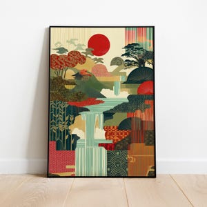 Peut inclure: Une impression abstraite colorée d'un paysage japonais avec un soleil rouge, des cascades et des arbres. L'impression est composée de formes géométriques et de motifs dans des tons de rouge, vert, bleu et jaune.