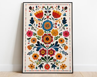 Lámina floral mexicana: vibrante arte popular de inspiración otomí