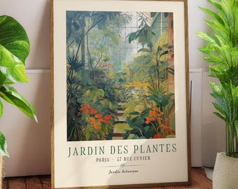 Impressão de parede de jardim botânico, pôster Jardin des Plantes Paris - Impressão de natureza em estilo vintage francês, ilustração de estufa parisiense