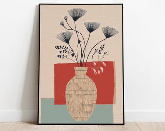 Mid-Century Modern Blumen Erdton Vase Print | Abstrakte minimalistische Wandkunst in Terrakotta und Salbei