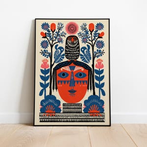 Moderna decorazione murale con gufo boho - Illustrazione popolare messicana vibrante - Poster floreale con gufo e uccelli - Decorazione tribale colorata per la casa