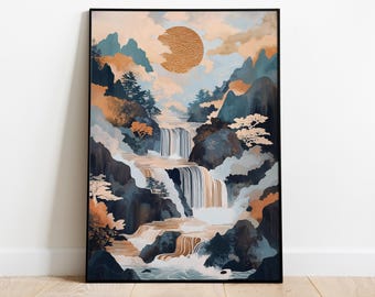 Japanese Vintage Waterfall Landscape Printable – Traditional Nature Art, Misty Mountains & Sun | Digital Wall Art Download