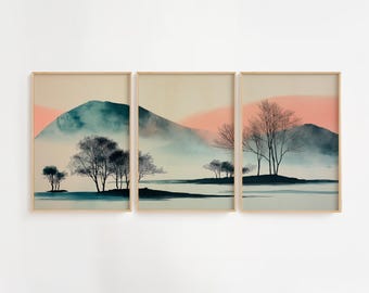 Japanese Landscape Art Print Set: Minimalist Mountain Lake Giclée