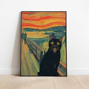 Stampa artistica parodia di "The Scream Cat" - Divertente stampa murale con gatto nero, poster giclée ispirato a Edvard Munch, decorazione in stile meme