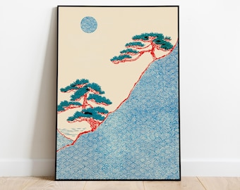 Zen-dekor: Minimalistisk Seigaiha-landskapskonst | Ukiyo-e-inspirerat tallträdstryck | Blågrön vågdesign