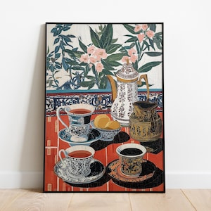 Stampa giclée della cerimonia del tè marocchina / Elegante natura morta / Decorazione eclettica della cucina / Arte murale orientalista dettagliata