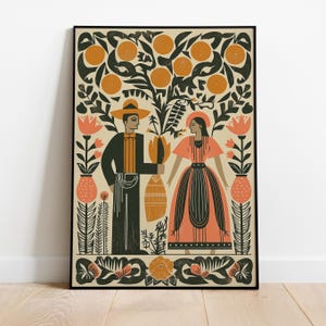 Stampa d'arte popolare messicana - Coppia colorata sotto un albero di arance, decorazione murale rustica, illustrazione in stile vintage, poster del patrimonio culturale