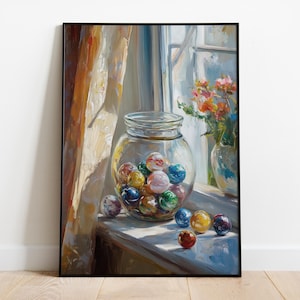 Stampa giclée Vintage Marbles by Window, arte nostalgica dell'infanzia, natura morta, barattolo di marmo colorato, decorazione per la sala giochi