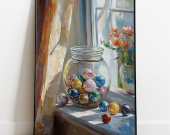 Vintage Marbles by Window Giclée Print, Nostalgic Childhood Art, Still Life Painting, Colorful Marble Jar, Playroom Decor
