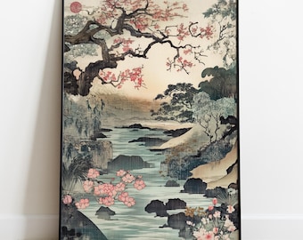 Japanese Vintage Landscape Wall Art Printable – Cherry Blossoms & River Scenery | Traditional Asian Nature Digital Download