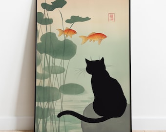 May include: A black cat silhouette sits on a rock, looking at two orange goldfish swimming in a pond with green lily pads. The Japanese text reads "猫と鯉".