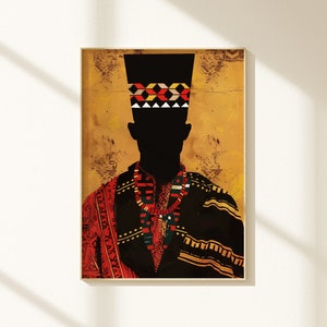 Modern meets traditional: This Afrocentric art print combines a man silhouette with abstract patterns for a stunning modern home decor piece.