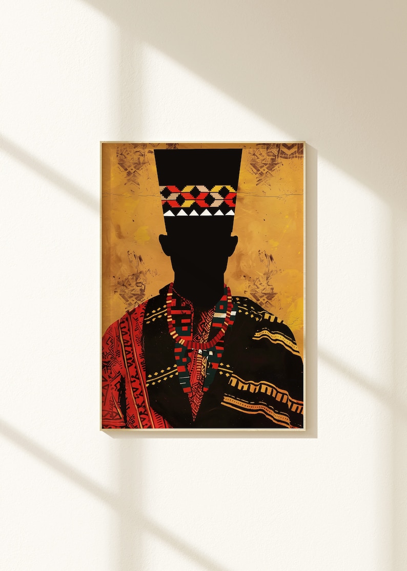 Modern meets traditional: This Afrocentric art print combines a man silhouette with abstract patterns for a stunning modern home decor piece.