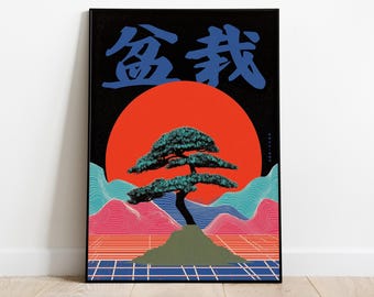 Vaporwave Bonsai Art Print | Retro Japanese Aesthetic Wall Decor