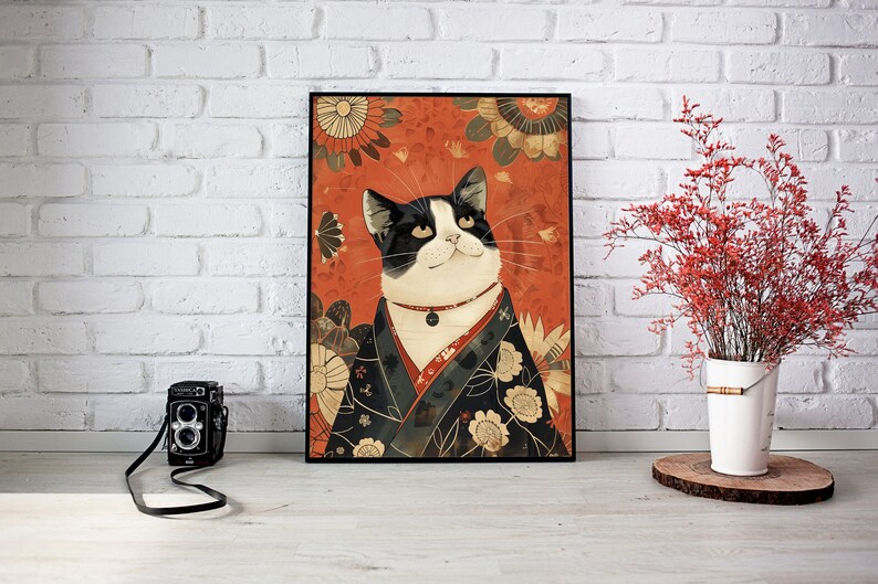 Vintage Japanese Cat Poster: Funny Kimono Wall Art (digital Download ...