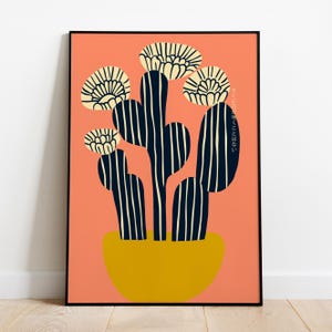 Minimalistischer abstrakter Kaktus Art Print – Japanische botanische Wandkunst, moderne Wüstenpflanze Poster, koralle und gelb Druck