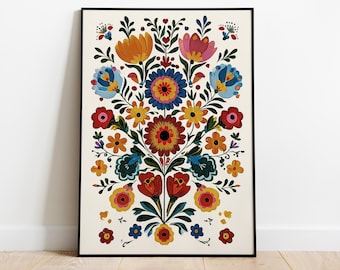 Lámina de arte popular mexicano: vibrante decoración de pared con motivos florales otomíes en giclée