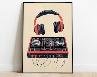Retro Music Poster: DJ Mixer and Headphones Print - Trendy Studio Decor - Instant Printable Art
