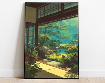 Puede incluir: Una impresión artística enmarcada que representa una serena escena de jardín japonés. La obra de arte muestra una vista desde una habitación tradicional con ventanas abiertas, con vistas a un exuberante paisaje con un estanque, árboles y rocas. La paleta de colores incluye verdes, azules y marrones.
