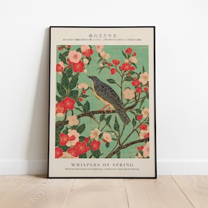 Stampa artistica di uccelli giapponesi, arte murale ispirata all'Ukiyo-e, arte naturalistica asiatica vintage, stampa floreale giapponese, stampa artistica