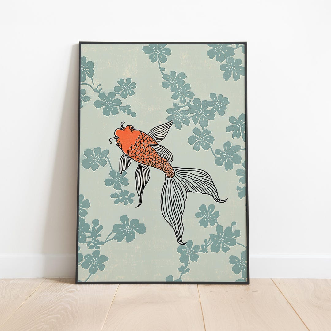 Minimalist Japanese Koi Fish Wall Art | Zen Floral Print in Pastel Blue ...