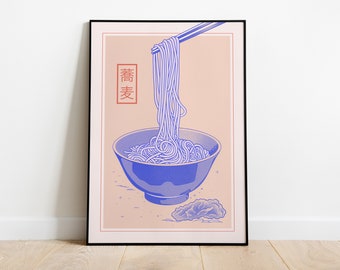 May include: A framed illustration of a bowl of noodles with chopsticks lifting a strand of noodles. The bowl and noodles are blue, and the background is a light pink color. The text "青麦" is written in red on the left side of the image.