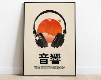 Japanese Retro Music Poster: Vintage Headphones Art (Digital Download