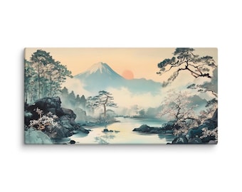 日本の風景 桜 滝 富士山 - ヴィンテージ油絵、日本のアート絵画