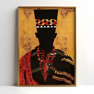 May include: A digital art print of a silhouette of a person wearing a traditional African garment with geometric patterns in red, black, and yellow. The person is wearing a tall, black hat with a red, white, and yellow patterned band.