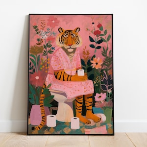 Lámina artística de tigre para baño – Póster floral divertido – Arte mural de jungla rosa – Decoración original para el baño