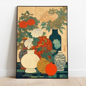 May include: A framed art print depicting a still life of vases filled with flowers. The vases are in red, blue, white, and gold, with floral patterns. The flowers are orange, white, and peach, with green foliage. The background is beige.