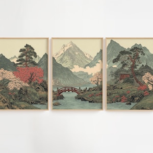 Japanische Berglandschaft Triptychon: Zen Giclée Kunstdruck Set